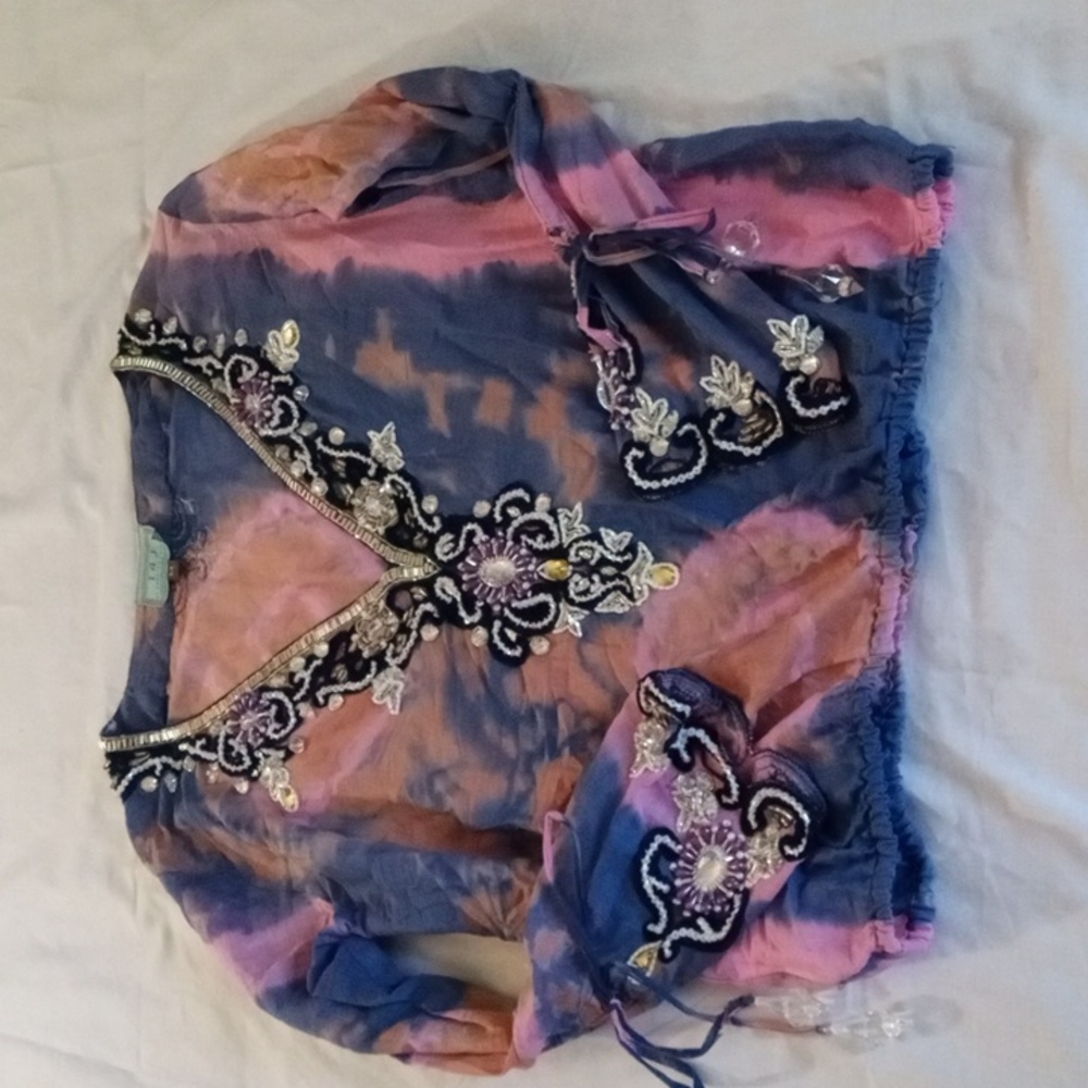 Taj by Sabrina Crippa tie dye bead and stone embellished top